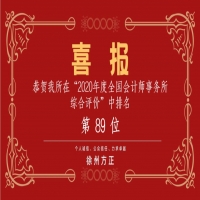 全國會計師事務(wù)所綜合評價排名公布，我公司位列89名！